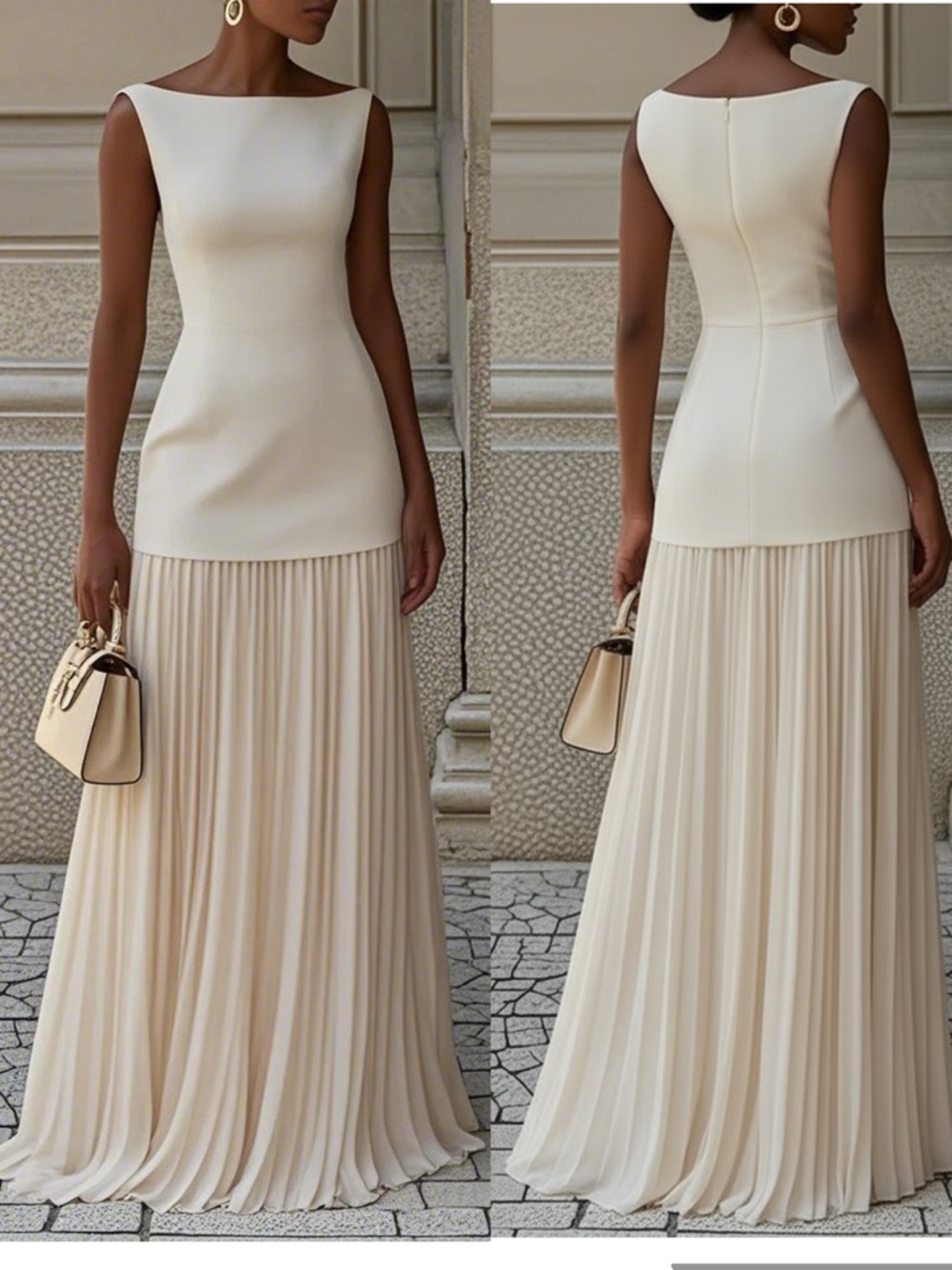 Fehaute Off White Pleated Classic Boat Neck Sleeveless A-Line Maxi Gown Dress 12